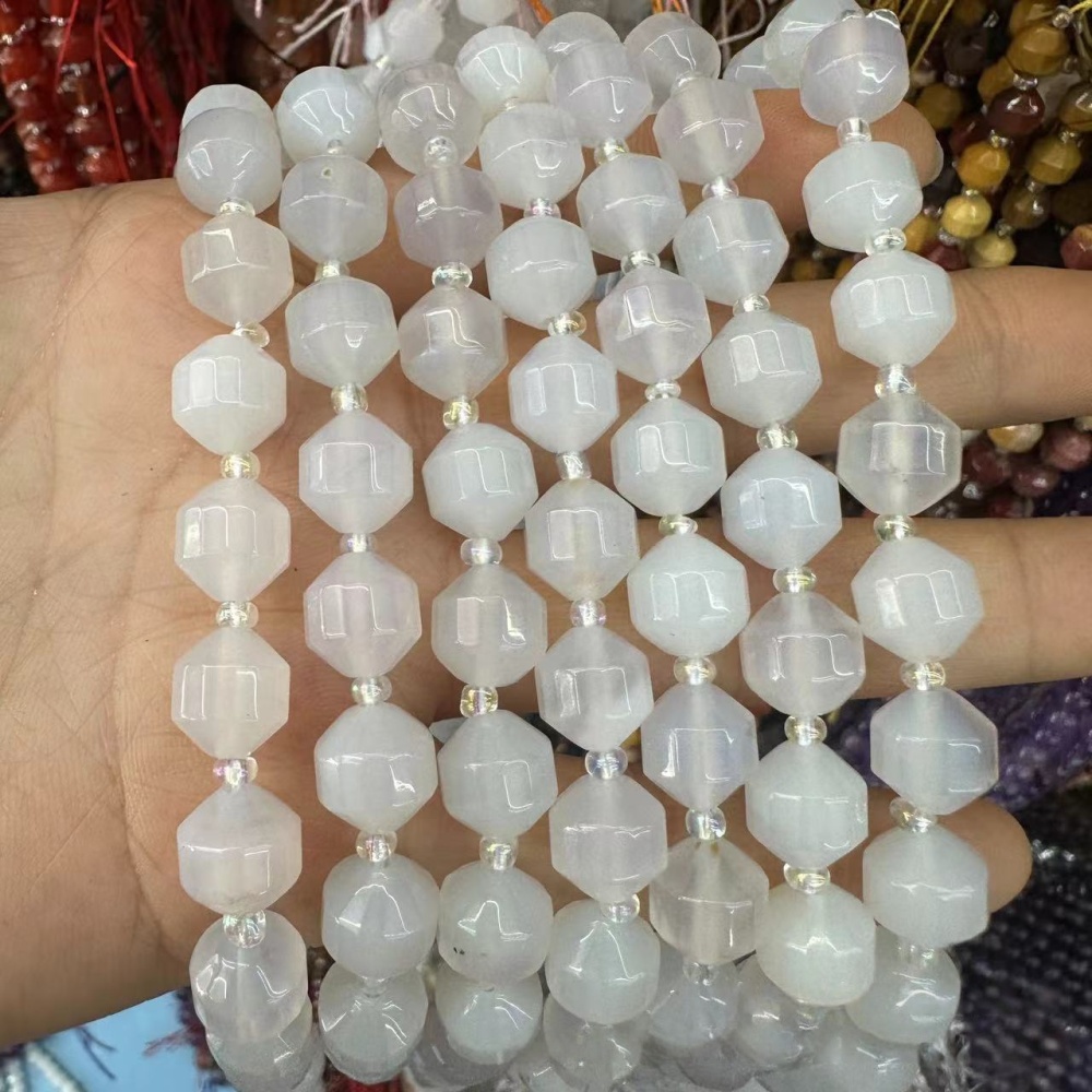 MYA3317--6-12mm Natural White Agate Faceted Lantern Beads