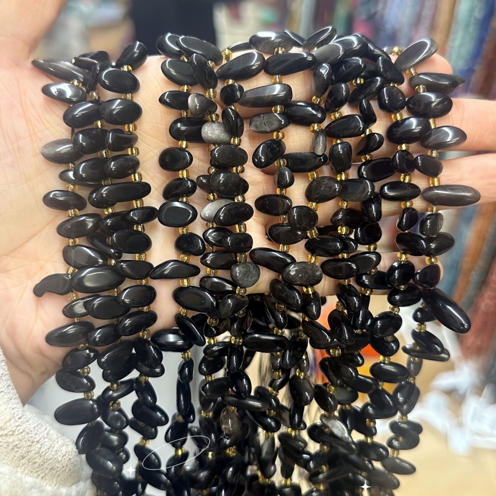 MYA3350--7-16mm Natural Silver Obsidian Teardrop-Shaped Long Tooth Beads
