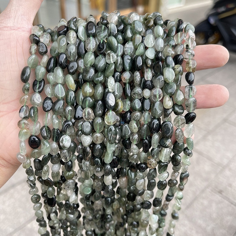 MYA3448--6-8mm Natural Green Rutilated Quartz Irregular Shaped Beads