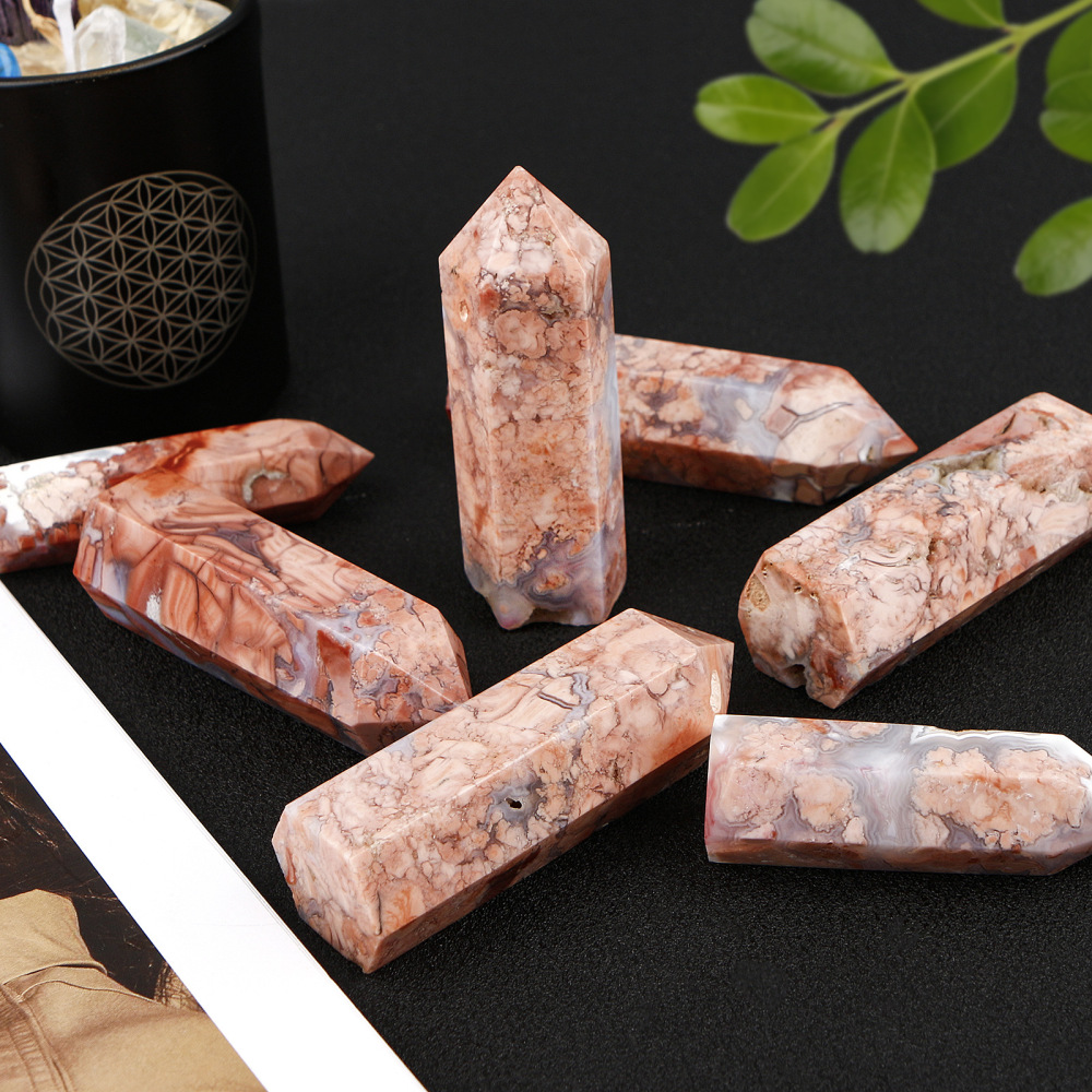 Natural Crystal Raw Stone Pink Cherry Blossom Agate Single-Pointed Hexagonal Prism