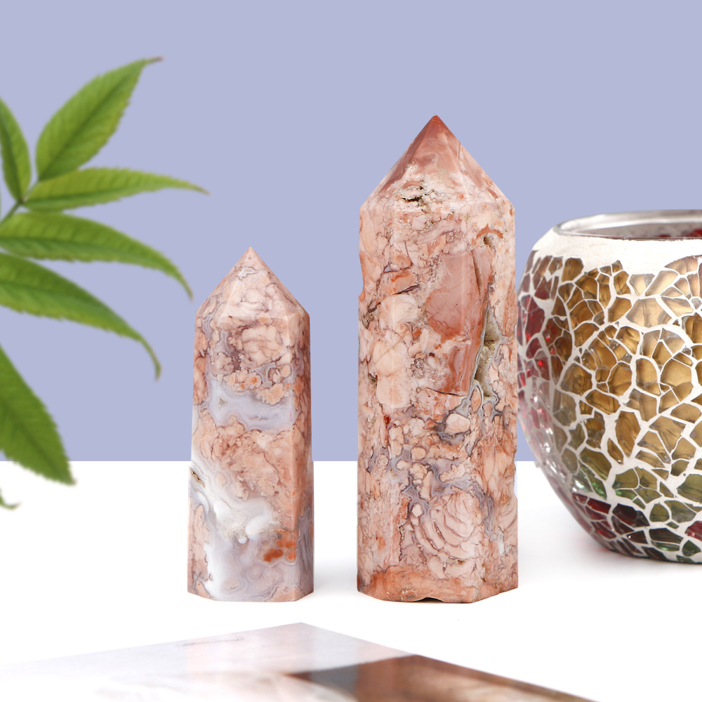 Natural Crystal Raw Stone Pink Cherry Blossom Agate Single-Pointed Hexagonal Prism