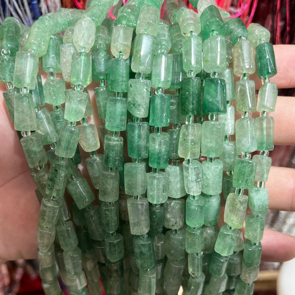 MYA3572--8x12mm Natural Green Strawberry Quartz Faceted Cylindrical Beads