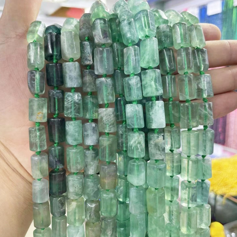 MYA3581--9x16mm Natural Fluorite Faceted Cylindrical Beads