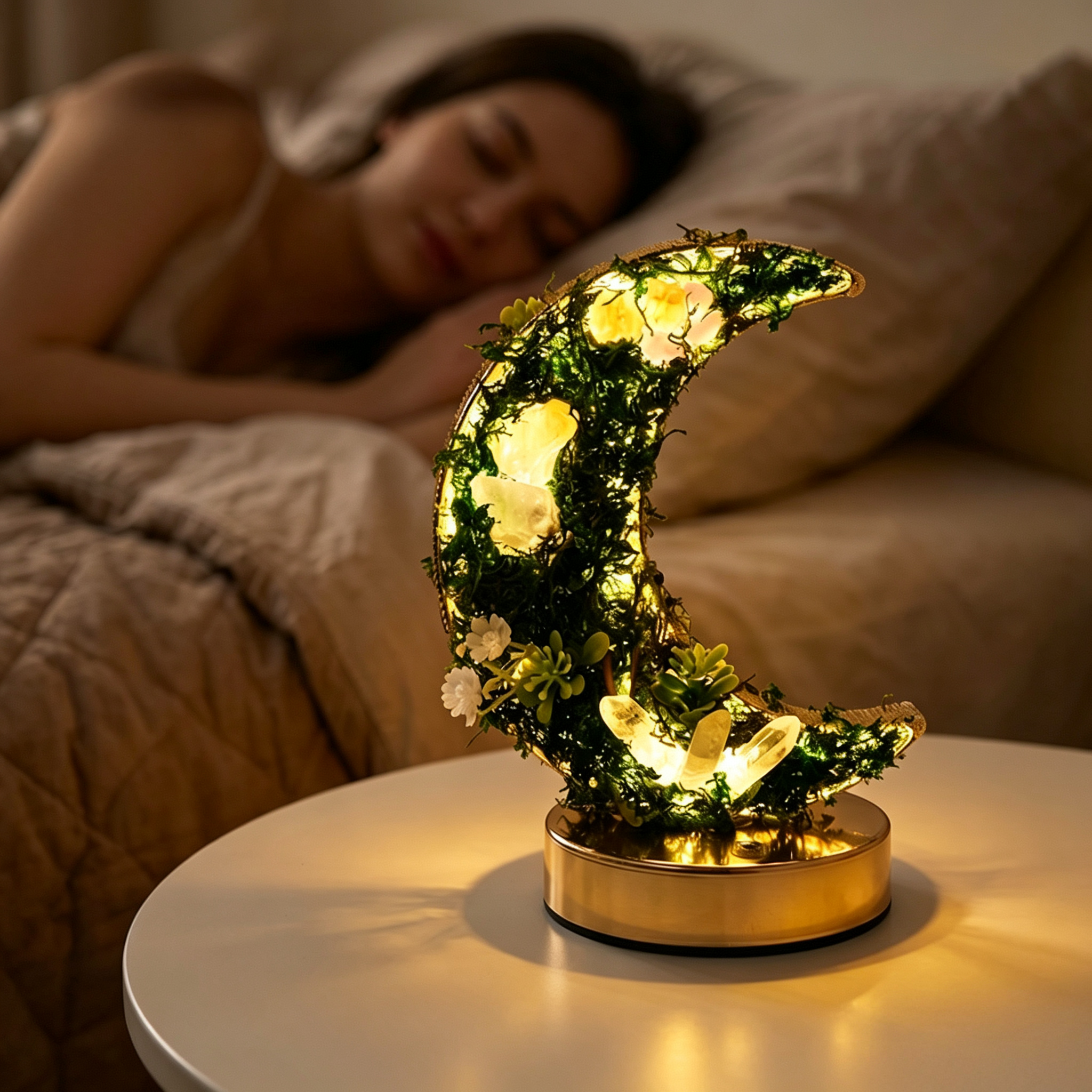 Natural Crystal Stone Forest-Style Moon USB Tri-Color Rechargeable Touch Night Light