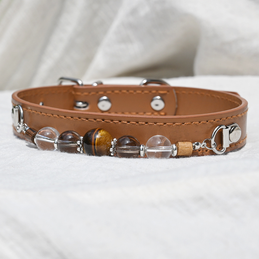 MYA4478--Natural Crystal Healing Crystal Pet PU Leather Collar