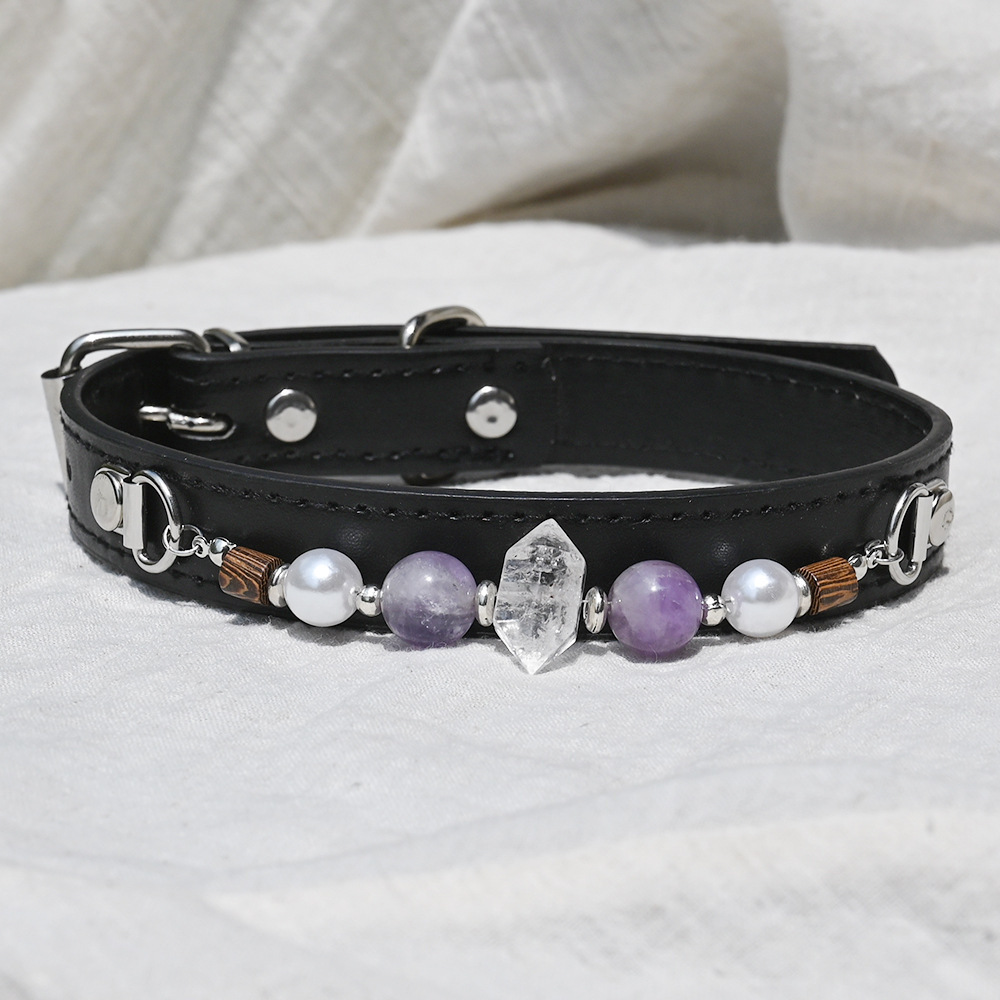 MYA4478--Natural Crystal Healing Crystal Pet PU Leather Collar