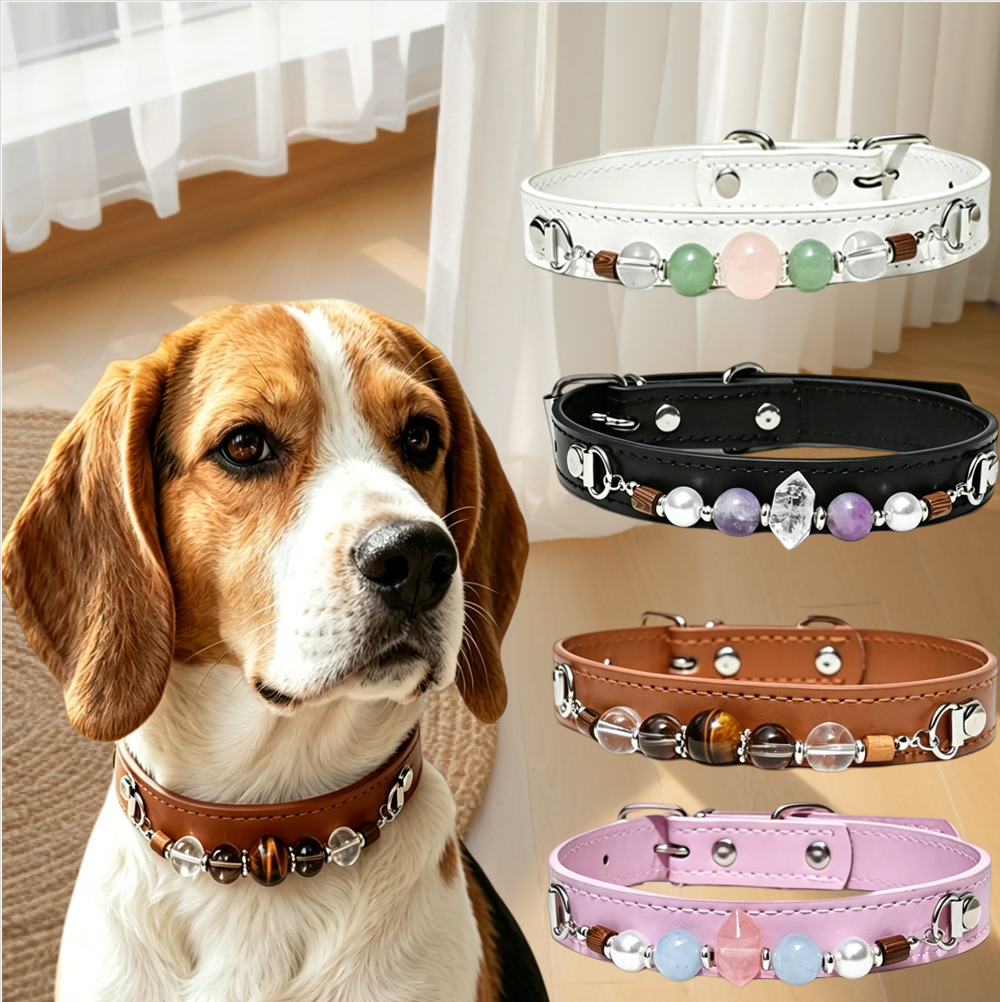 MYA4478--Natural Crystal Healing Crystal Pet PU Leather Collar