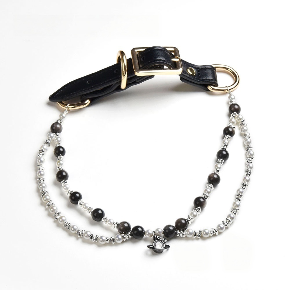 MYA4530--Natural Silver Obsidian Pet Collar