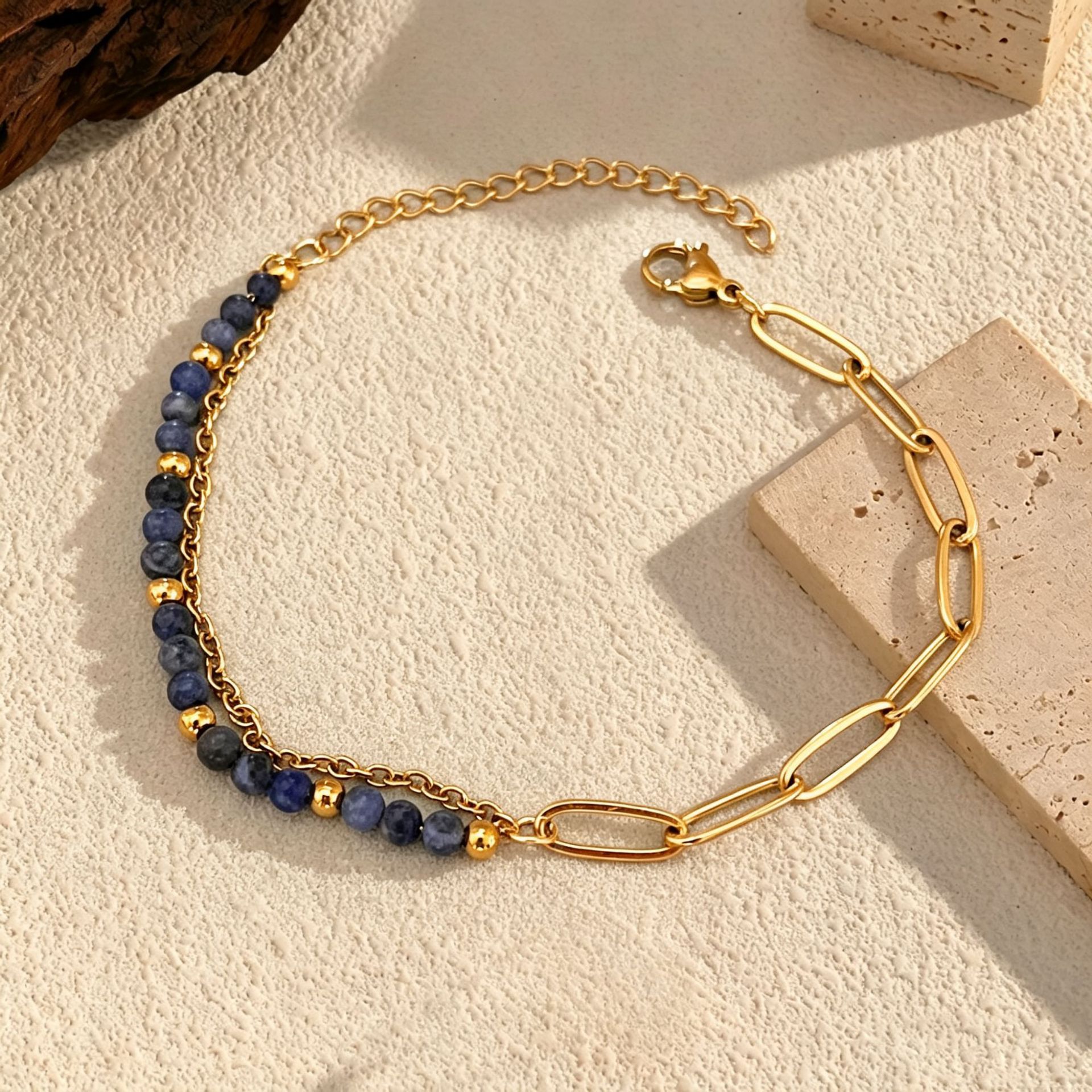 Natural stone beaded paperclip double-layer stainless steel bracelet