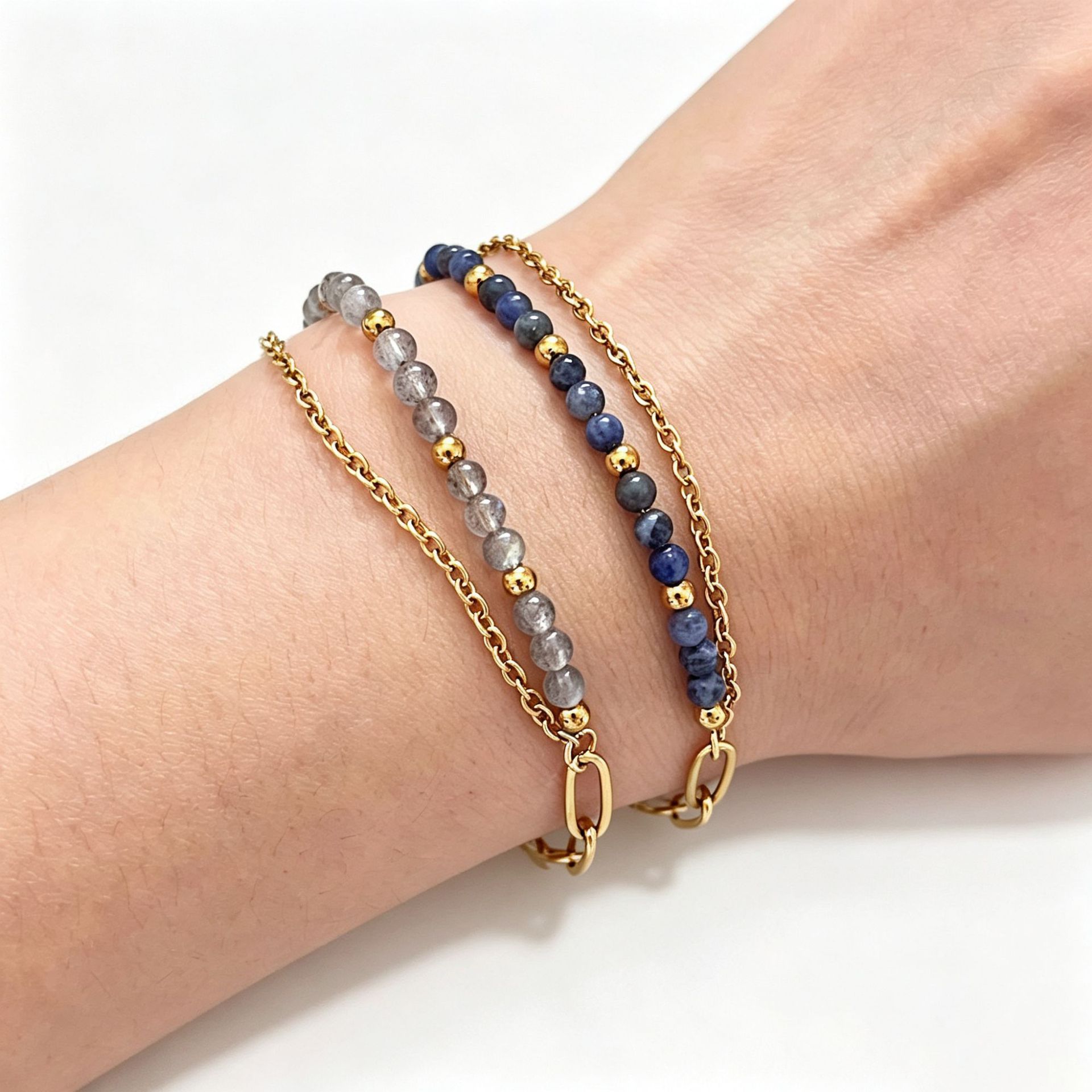 Natural stone beaded paperclip double-layer stainless steel bracelet