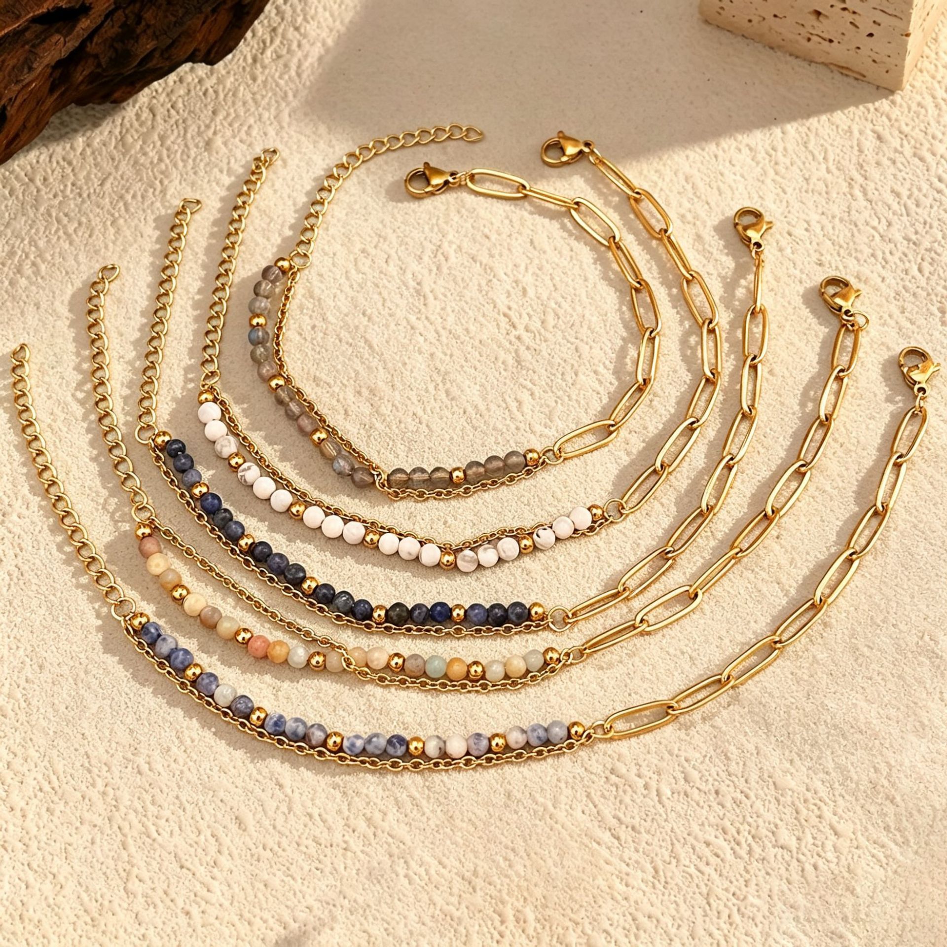 Natural stone beaded paperclip double-layer stainless steel bracelet