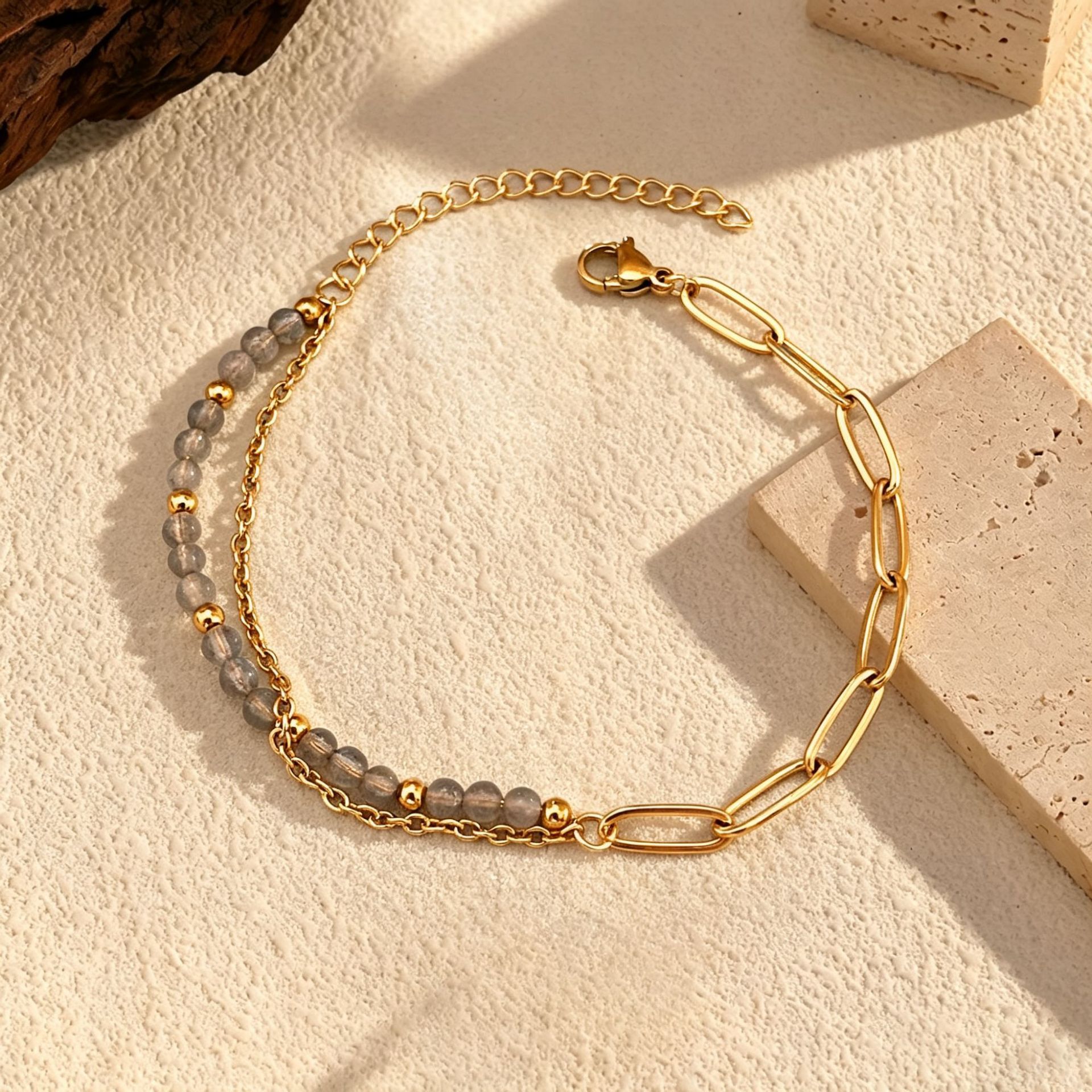 Natural stone beaded paperclip double-layer stainless steel bracelet