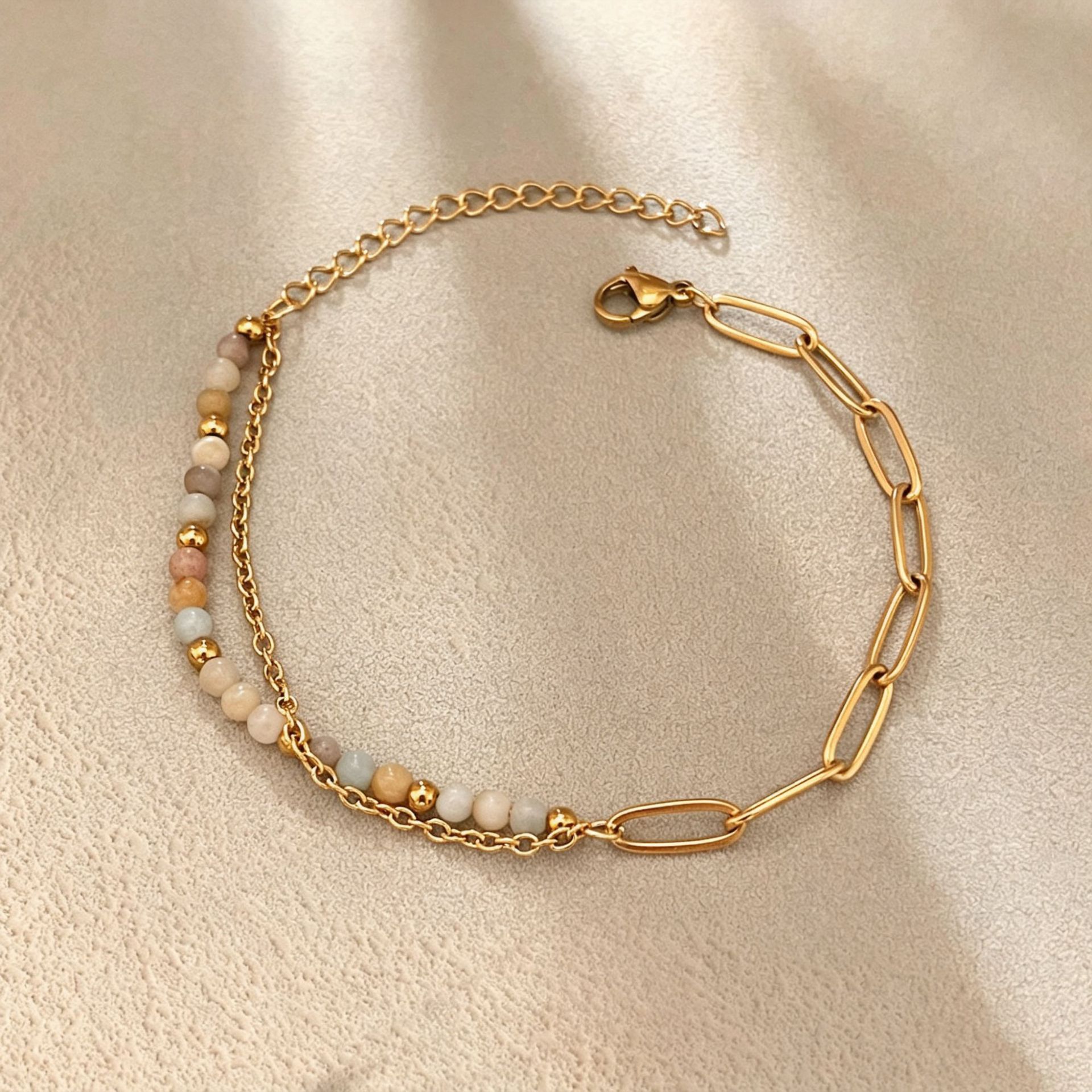 Natural stone beaded paperclip double-layer stainless steel bracelet