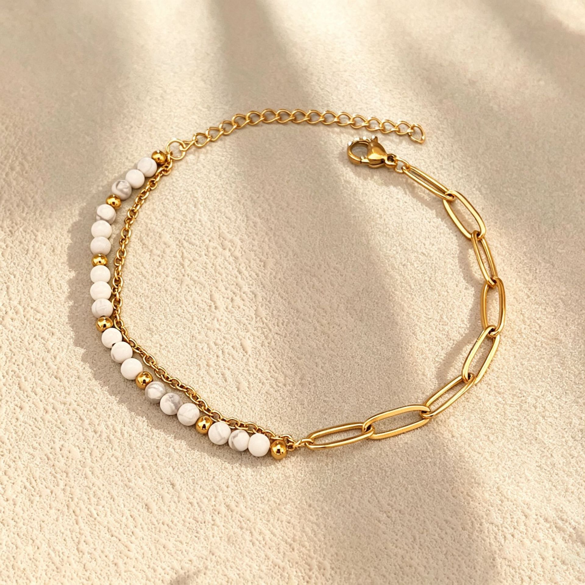Natural stone beaded paperclip double-layer stainless steel bracelet