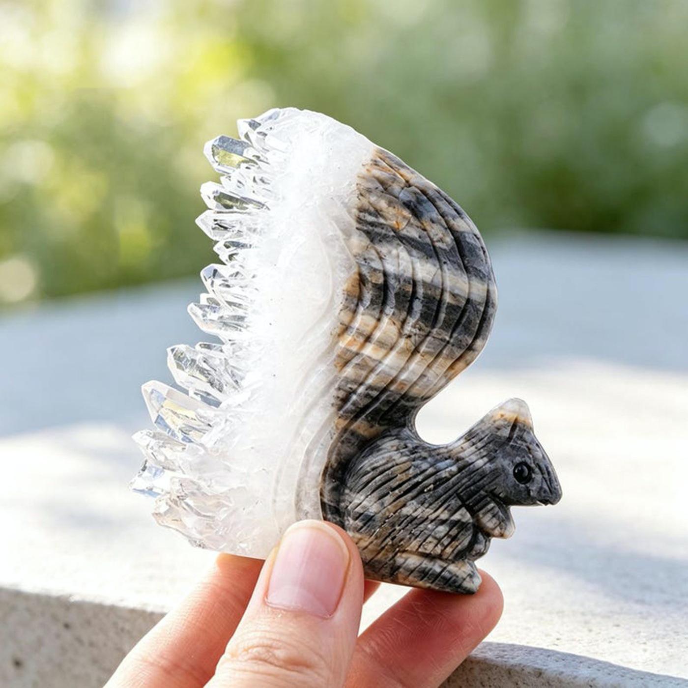 Natural clear quartz crystal cluster squirrel figurine