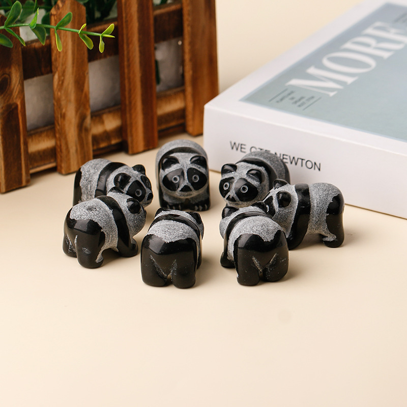Natural Crystal Carved Obsidian Panda Figurine