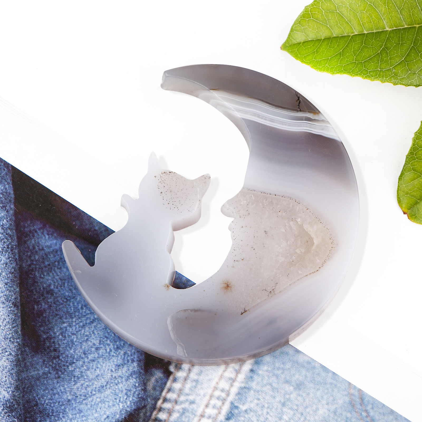 Natural Crystal Cave Agate Symbiotic Carved Kitten and Moon Ornament