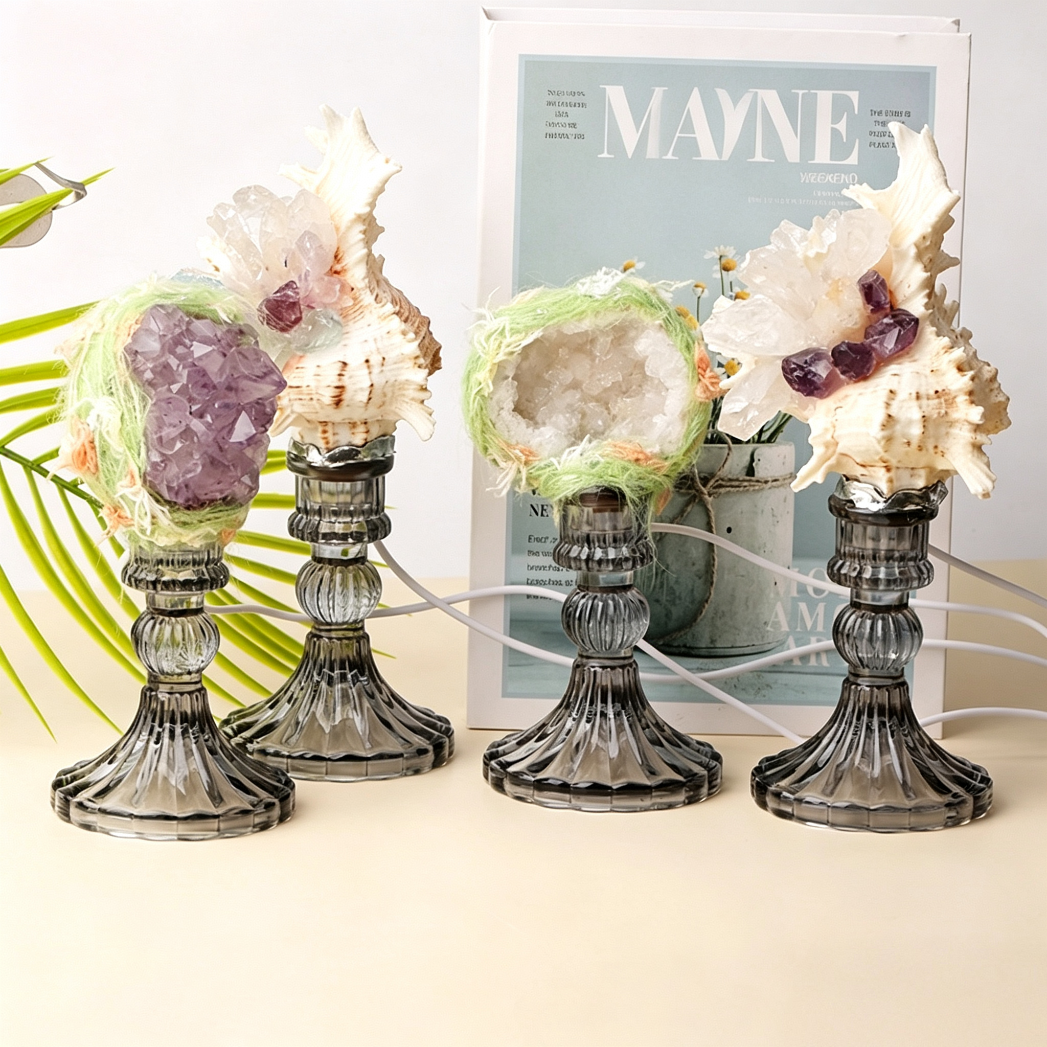 Crystal Cluster Colorful Light Ornament with Retro Glass Base Night Light