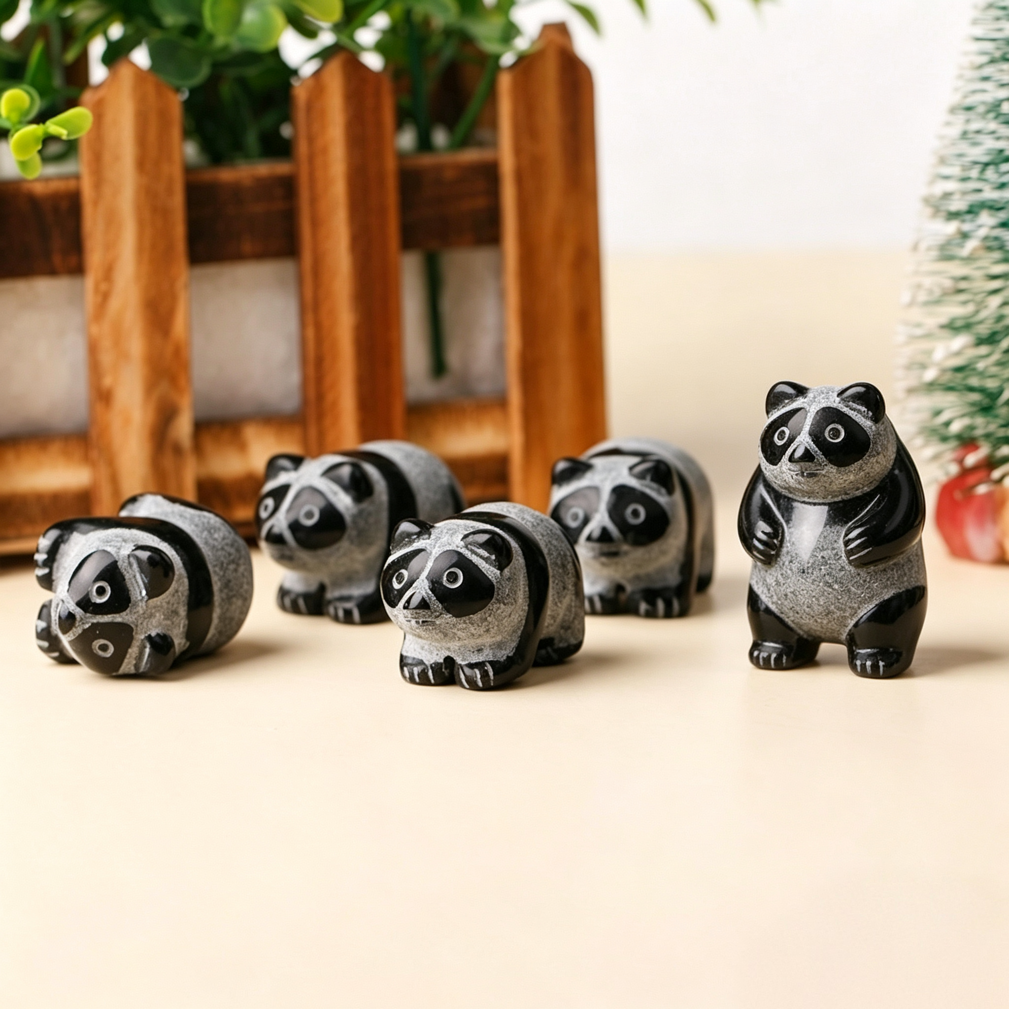 Natural Crystal Carved Obsidian Panda Figurine