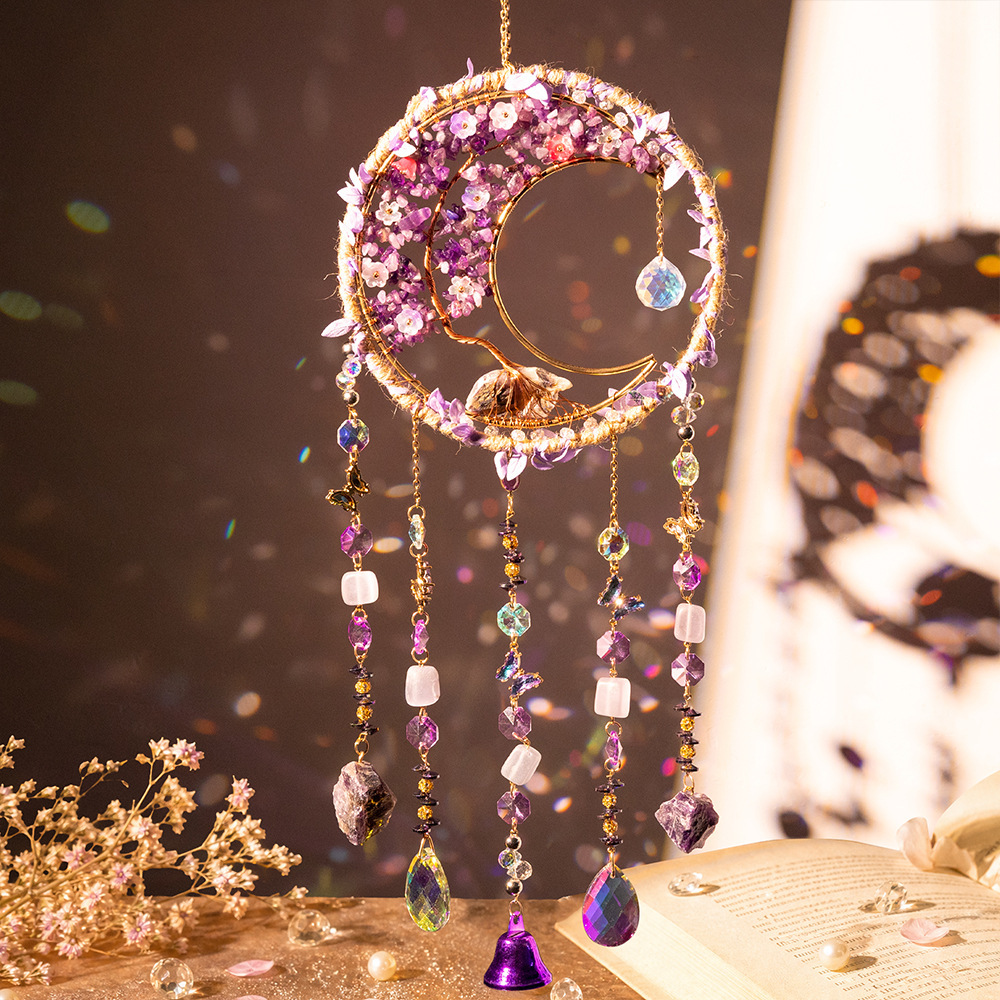 Natural Raw Stone Tree of Life Dreamcatcher Moonflower Bell - Purple