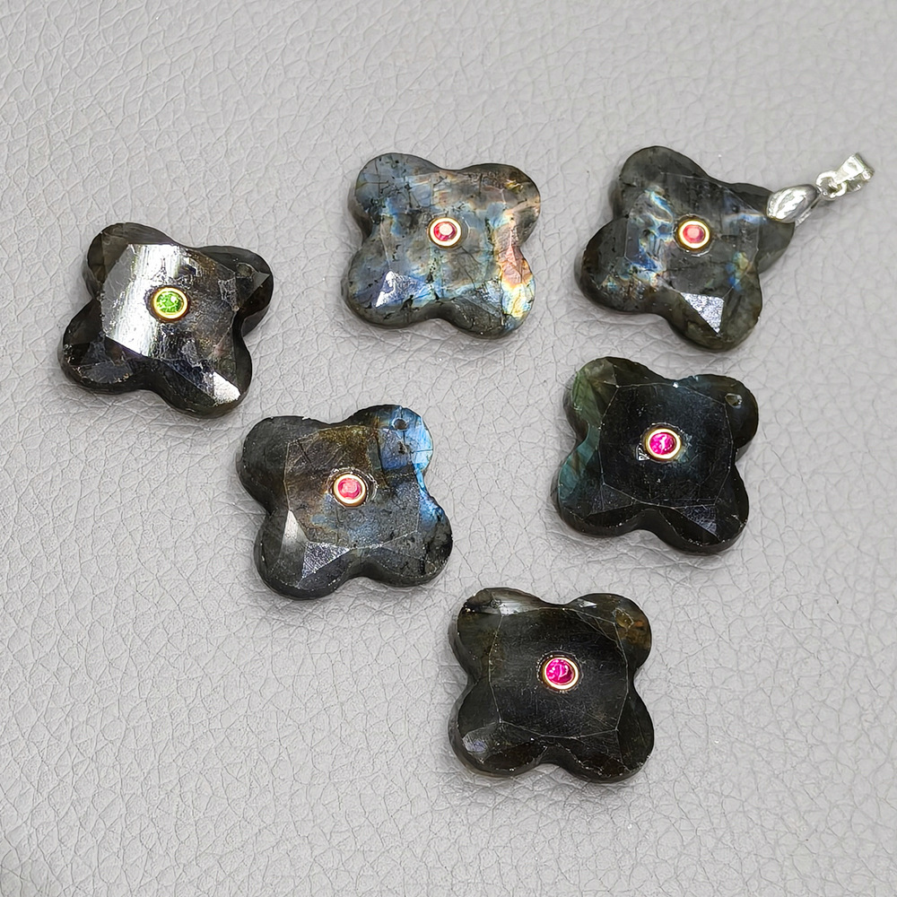 Natural stone and diamond-encrusted four-leaf clover pendant