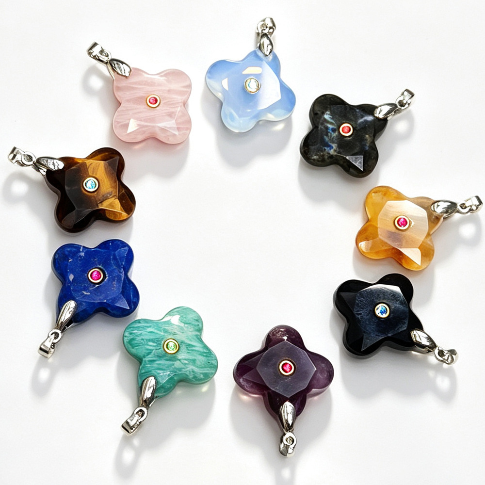 Natural stone and diamond-encrusted four-leaf clover pendant