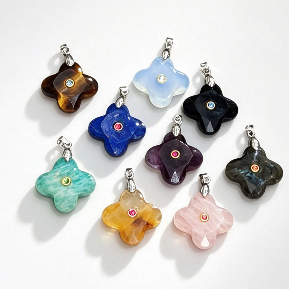 Natural stone and diamond-encrusted four-leaf clover pendant