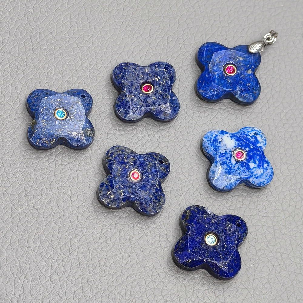 Natural stone and diamond-encrusted four-leaf clover pendant