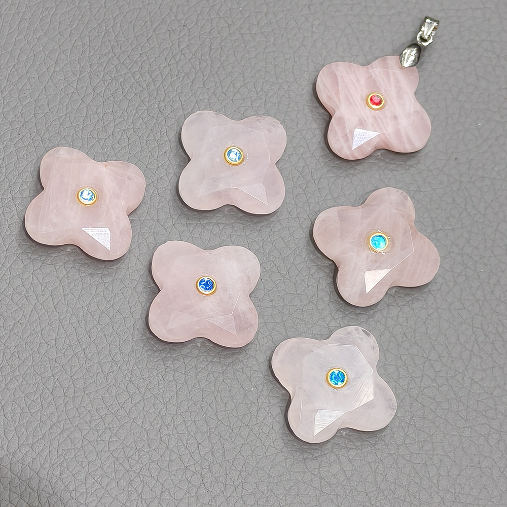 Natural stone and diamond-encrusted four-leaf clover pendant