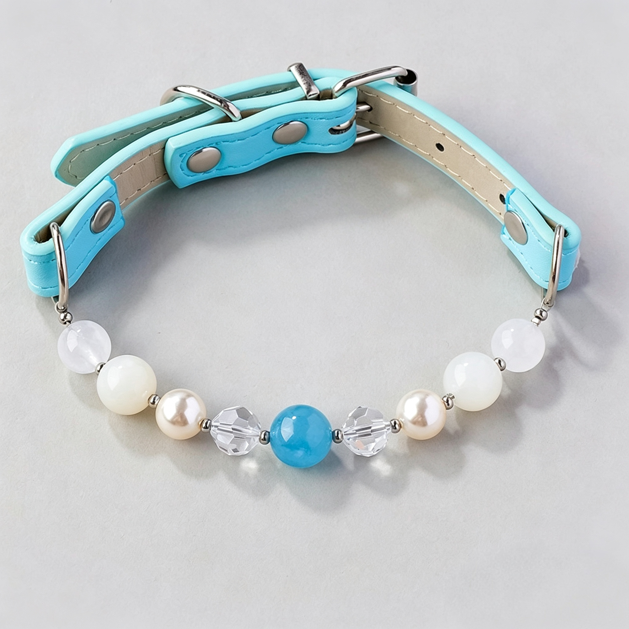 Natural Crystal Pet Collar - Aquamarine + Clear Quartz + Moonstone
