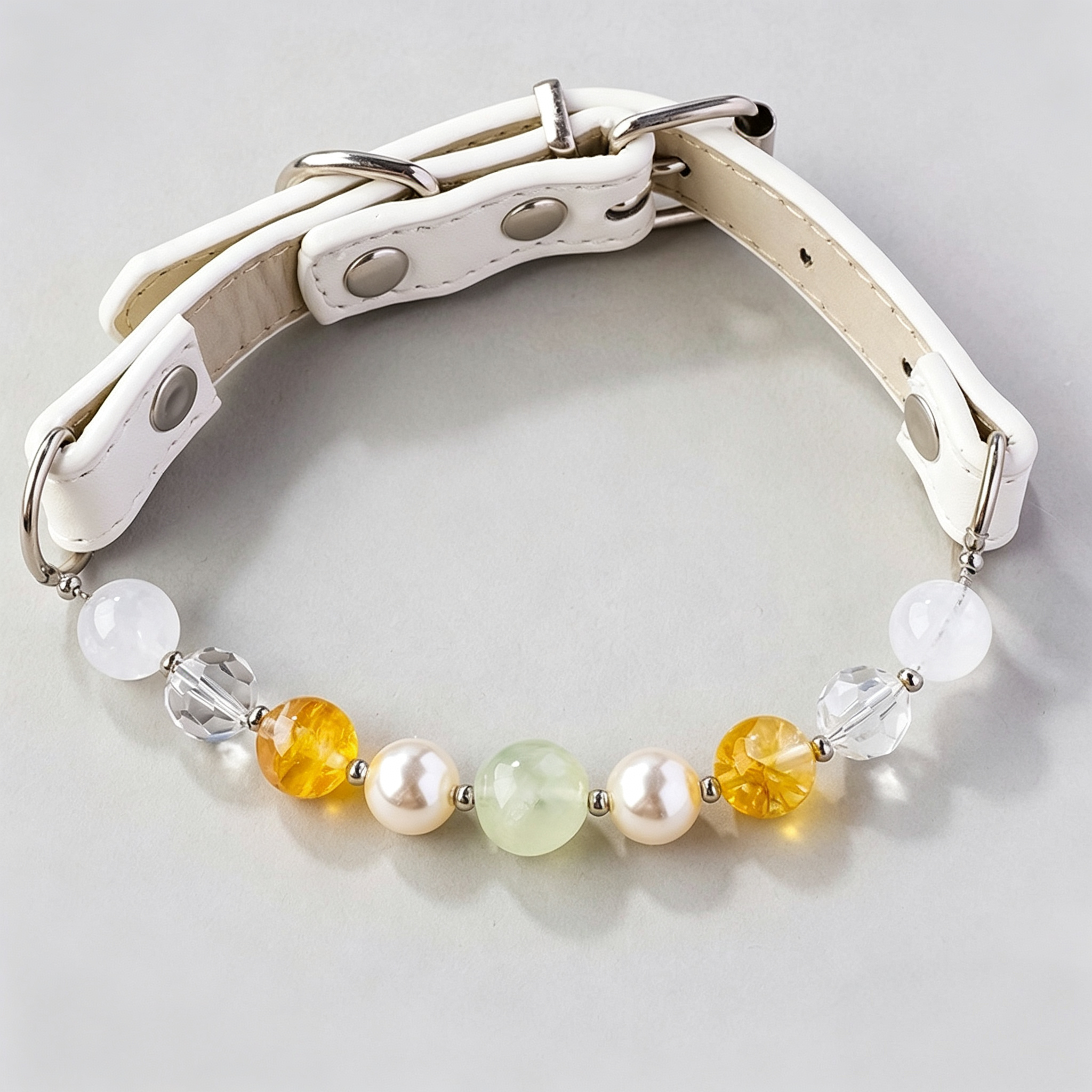 Natural Crystal Pet Collar with Prehnite + Clear Quartz + Yellow Gum Flower