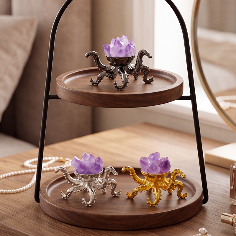 Natural Amethyst Cluster Octopus Metal Ornament