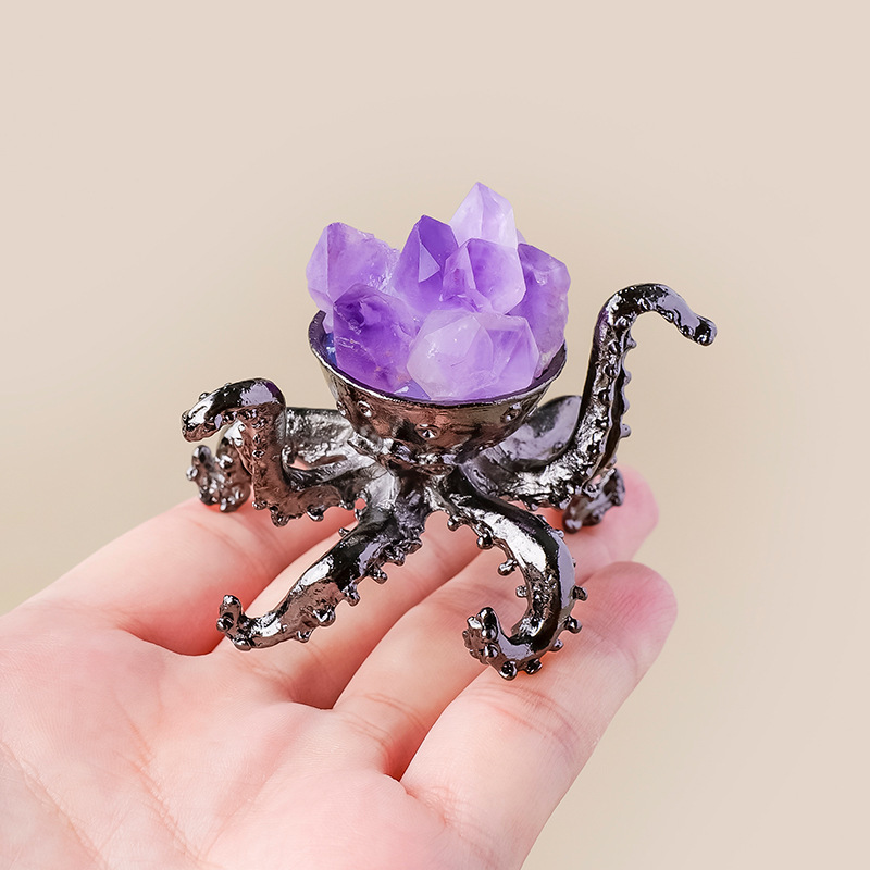 Natural Amethyst Cluster Octopus Metal Ornament