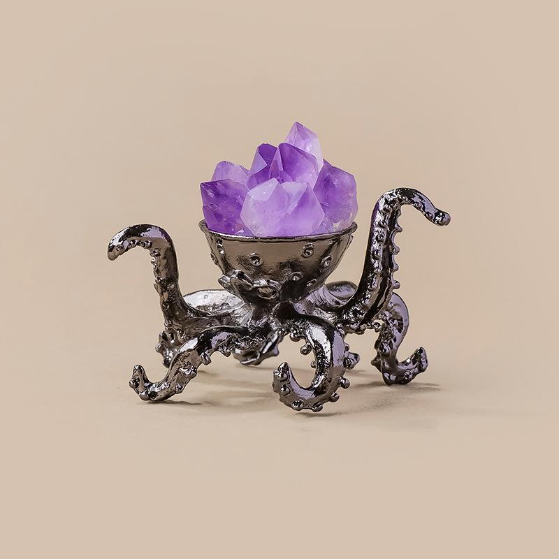 Natural Amethyst Cluster Octopus Metal Ornament