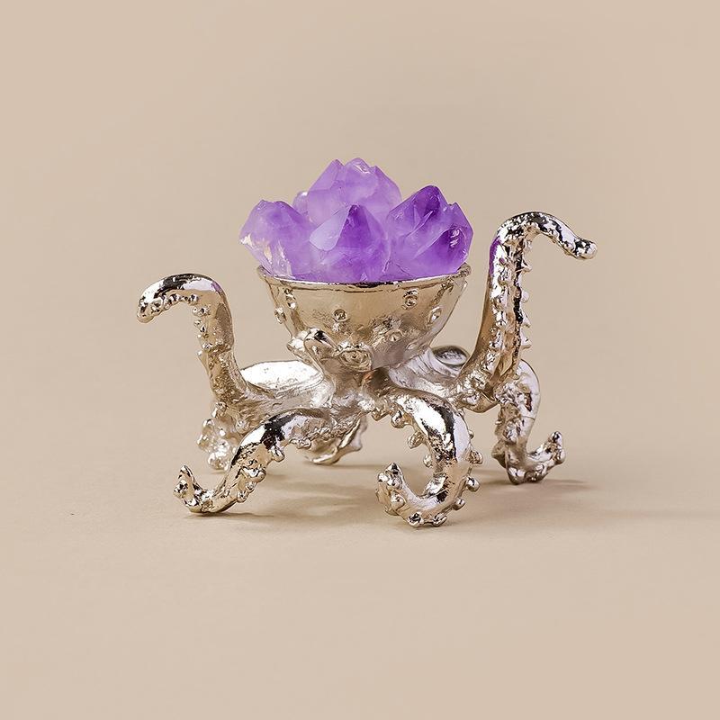 Natural Amethyst Cluster Octopus Metal Ornament