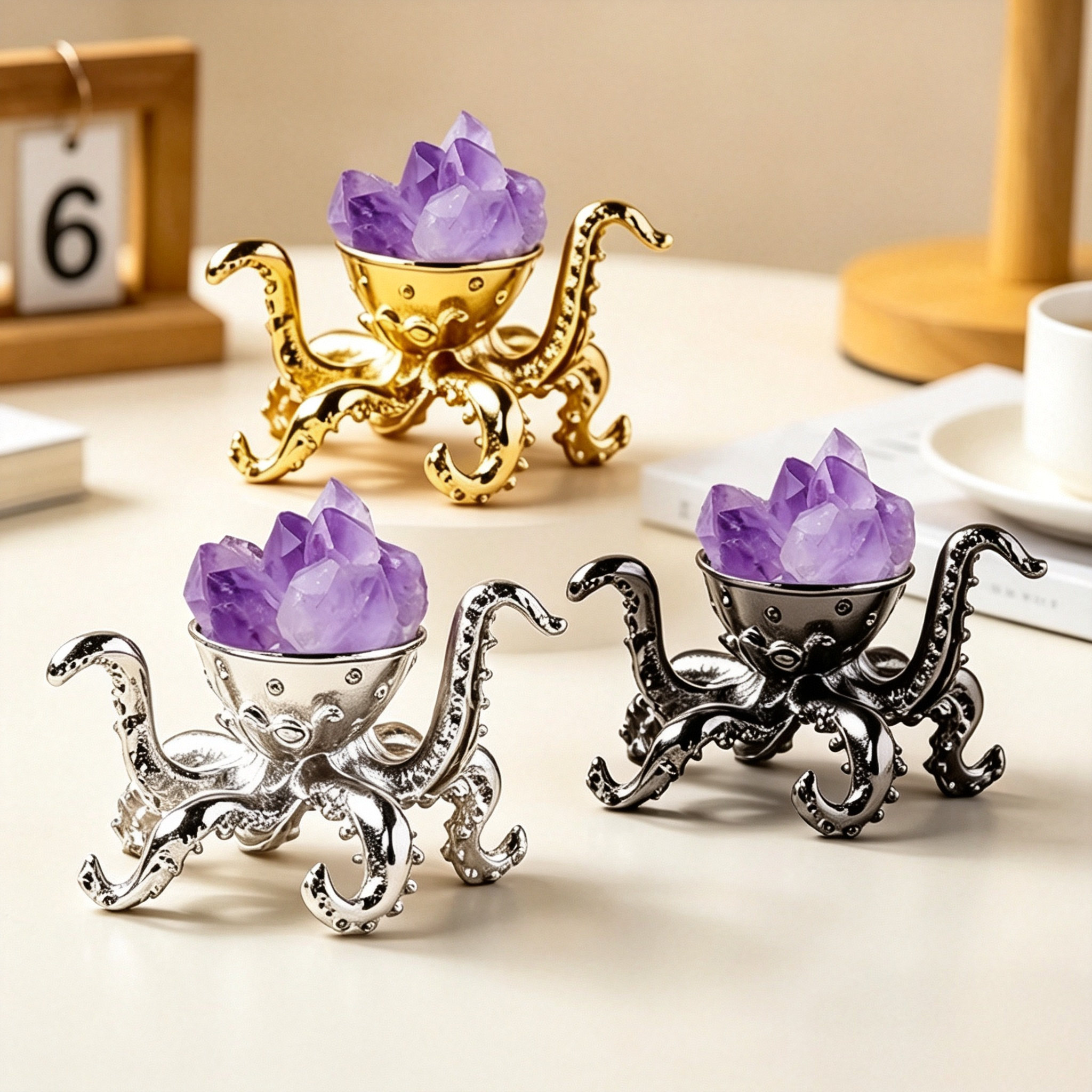 Natural Amethyst Cluster Octopus Metal Ornament