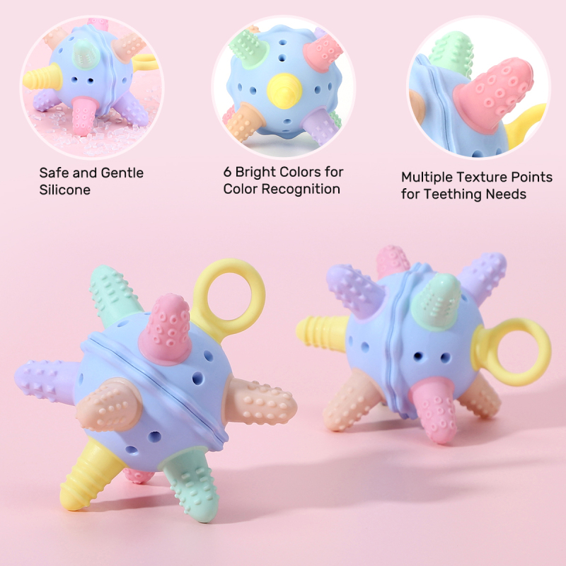 KUHU Silicone Teether Toy with Built-In Bell - Multiple Texture Points for Babies 0-12 Months