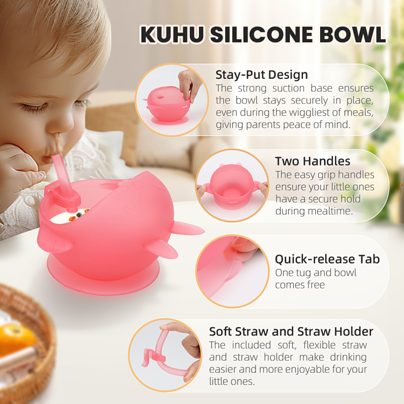 KUHU Adorable Rabbit Shape Silicone Bowl with Straw and Suction Base for Babies and Toddlers - Perfect for Mealtime Fun!