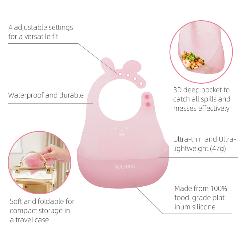 KUHU UltraThin Silicone Baby Bib - Waterproof, Easy to Clean, Adjustable - Ideal for Babies and Toddlers