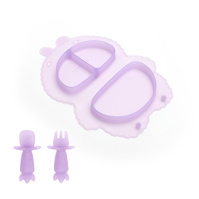 KUHU Silicone Bunny Shape Foldable Plate for Babies & Toddlers - Ideal Baby Plate with Suction, Easy Clean & Portable - Includes Baby Spoon and fork - Perfect for Mealtime Fun!