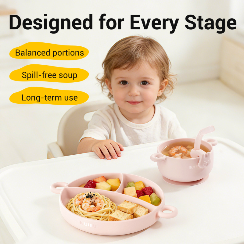 KUHU Platinum Silicone Baby Feeding Set – Divider Plate, Silicone Bowl & Soup Straws