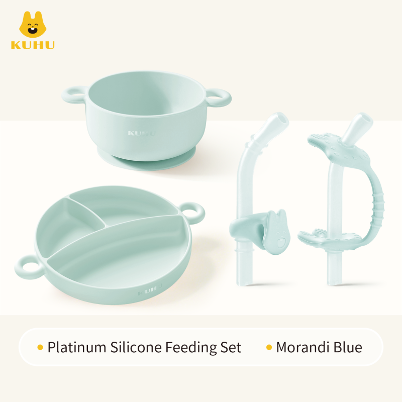 KUHU Platinum Silicone Baby Feeding Set – Divider Plate, Silicone Bowl & Soup Straws