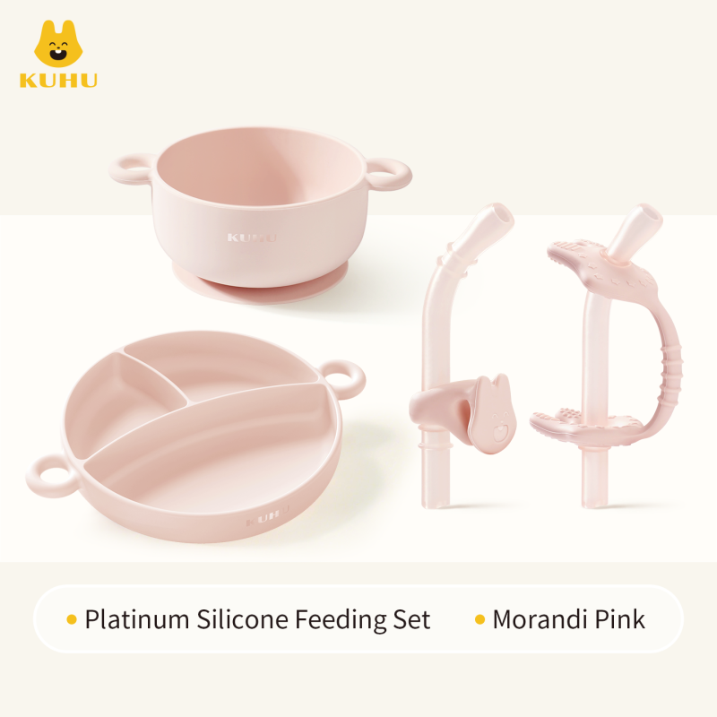 KUHU Platinum Silicone Baby Feeding Set – Divider Plate, Silicone Bowl & Soup Straws