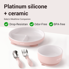 KUHU Ceramic & Silicone Baby Mealtime Set – Divided Plate, Non-Slip Bowl & 316 Stainless Steel Fork + Spoon
