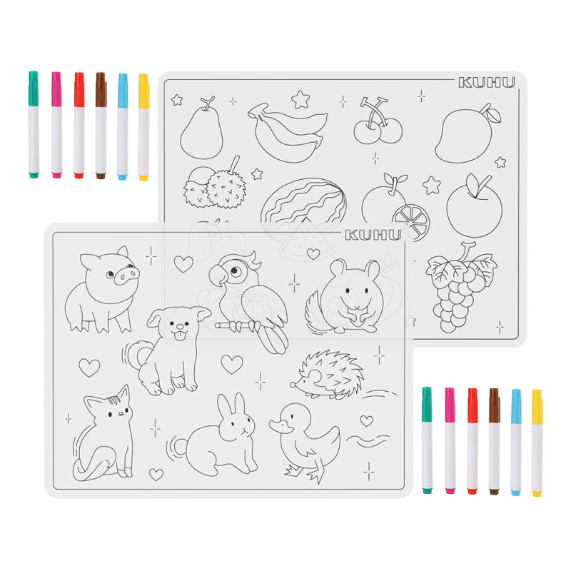 KUHU Platinum Silicone Drawing Placemats Set (2pcs) – Animal & Fruit Mats with 12 Markers, Reusable & Easy Clean