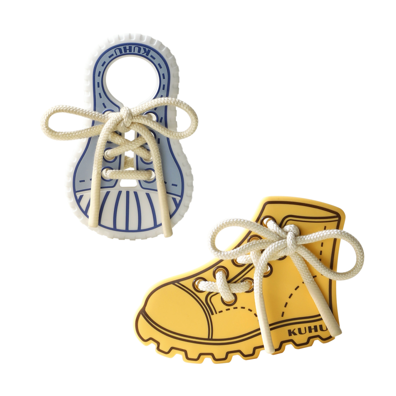 Silicone baby teether lacing shoe made from BPA free food grade silicone