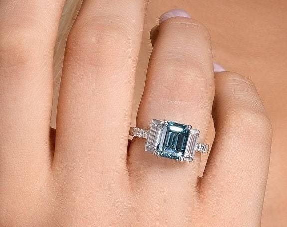 2 Carat Fancy Blue Lab Emerald Diamond Three Stone Ring