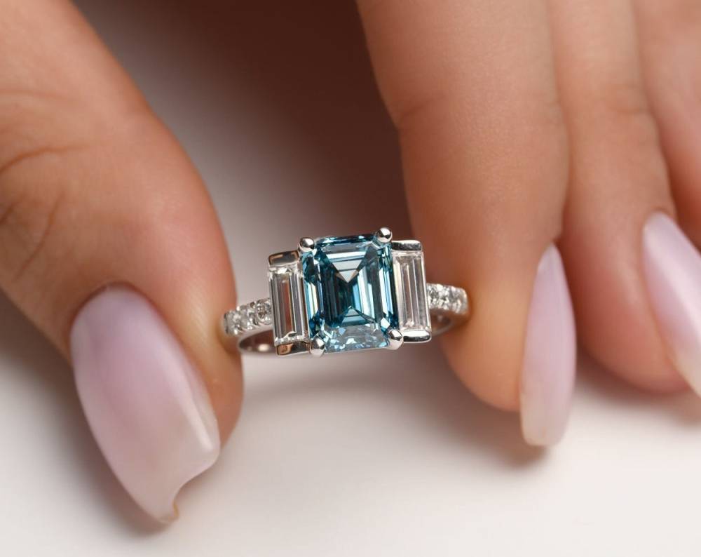 2 Carat Fancy Blue Lab Emerald Diamond Three Stone Ring
