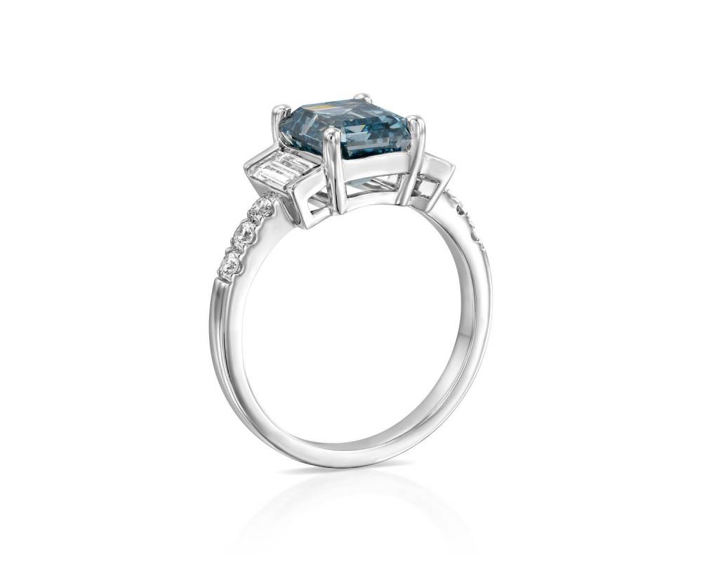 2 Carat Fancy Blue Lab Emerald Diamond Three Stone Ring
