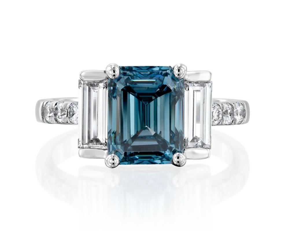 2 Carat Fancy Blue Lab Emerald Diamond Three Stone Ring